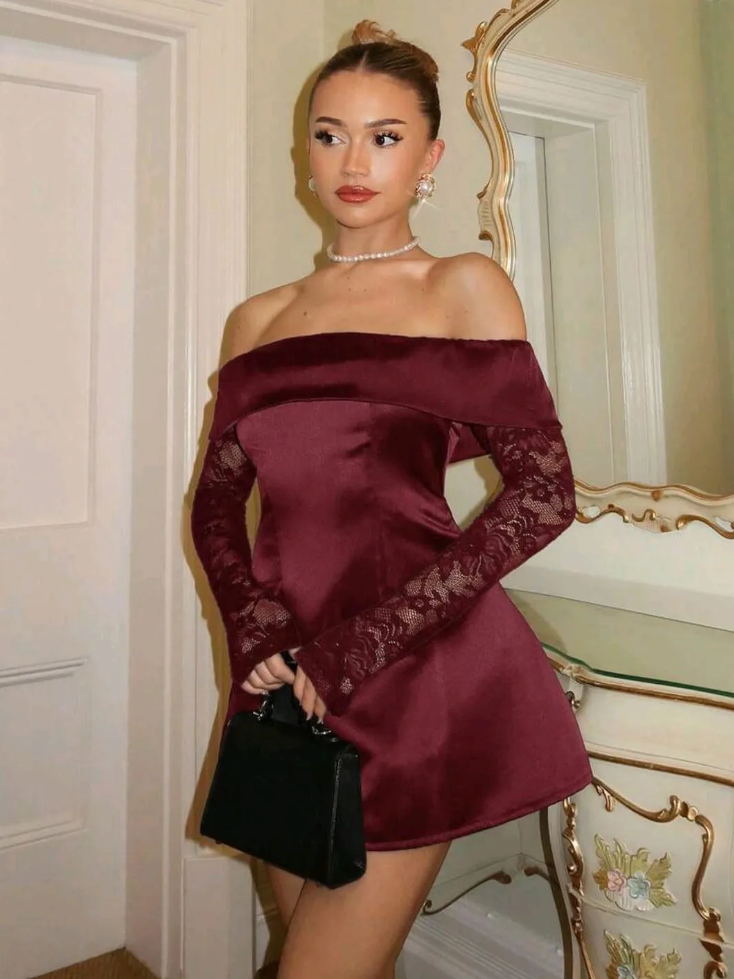 Vestido Luxury Satén & Lace en burdeos